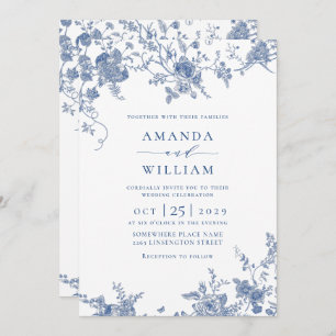 Convites Código QR de Casamento Floral Francês Azul Vitoria