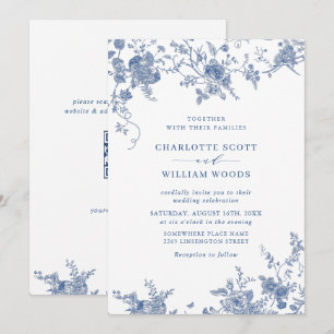 Convites Código QR de Casamento Floral Francês Azul Vitoria