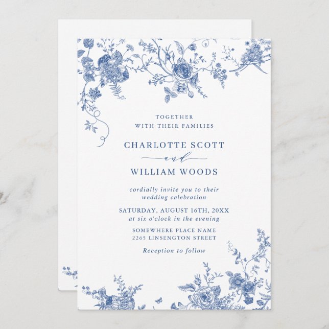Convites Código QR de Casamento Floral Francês Azul Vitoria (Frente/Verso)