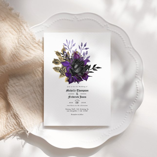Convites Código QR de Casamento Floral Gótico Roxo Dourado (Black Purple Gold Floral Gothic Wedding QR Code Invitation)