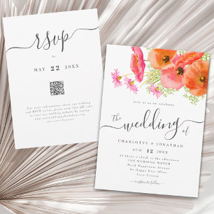 Convites Código QR de Casamento Floral Laranja Rosa Vibrant