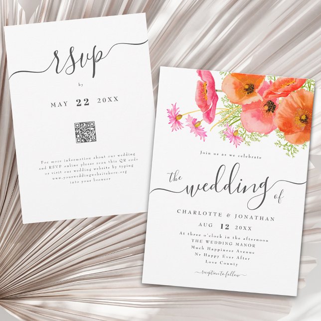 Convites Código QR de Casamento Floral Laranja Rosa Vibrant (Modern vibrant pink orange garden floral wedding qr code invitation)