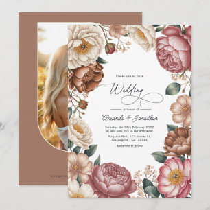Convites Código QR de Casamento Floral Mocha, Creme e Rosa