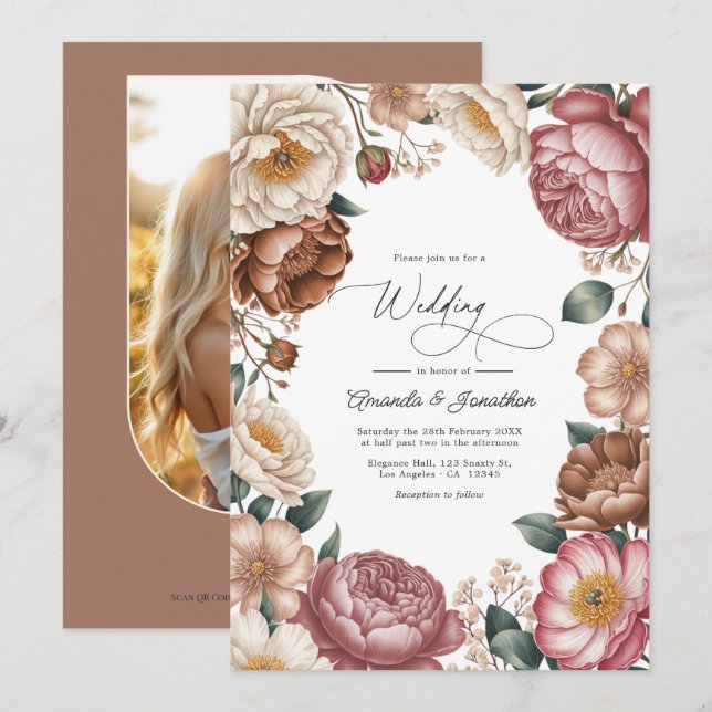 Convites Código QR de Casamento Floral Mocha, Creme e Rosa  (Frente/Verso)