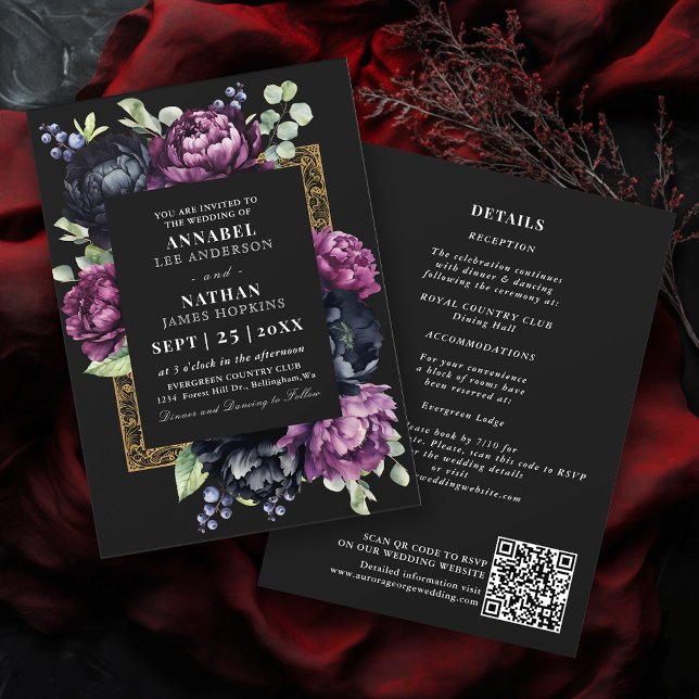 Convites Código QR de Casamento Floral Preto Elegante Púrpu (Criador carregado)