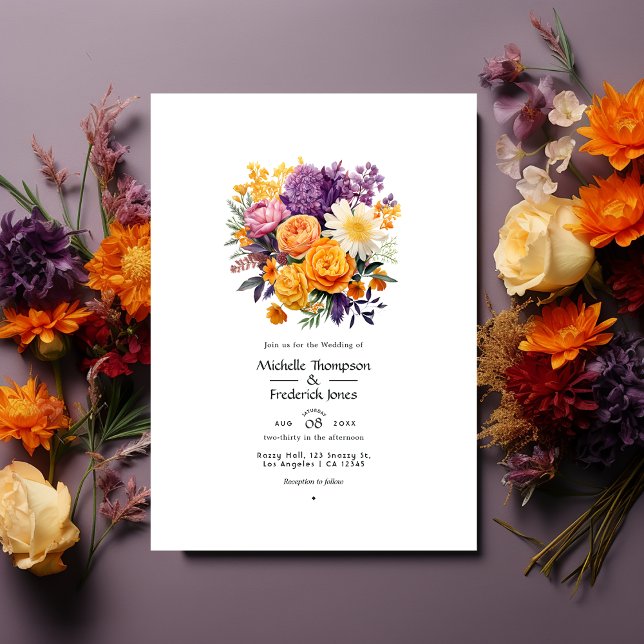 Convites Código QR de Casamento Floral Púrpura, Laranja e A (Criador carregado)