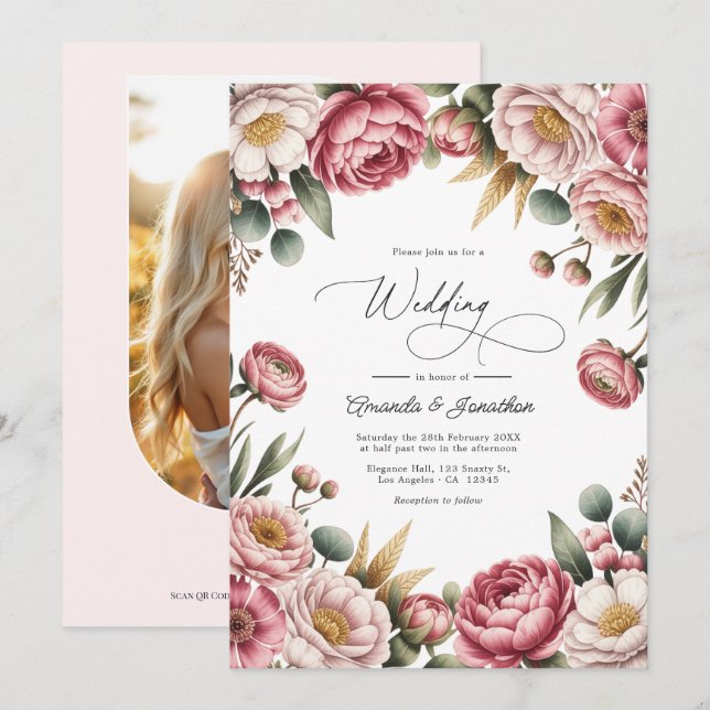 Convites Código QR de casamento floral rosa empoeirado e do (Frente/Verso)