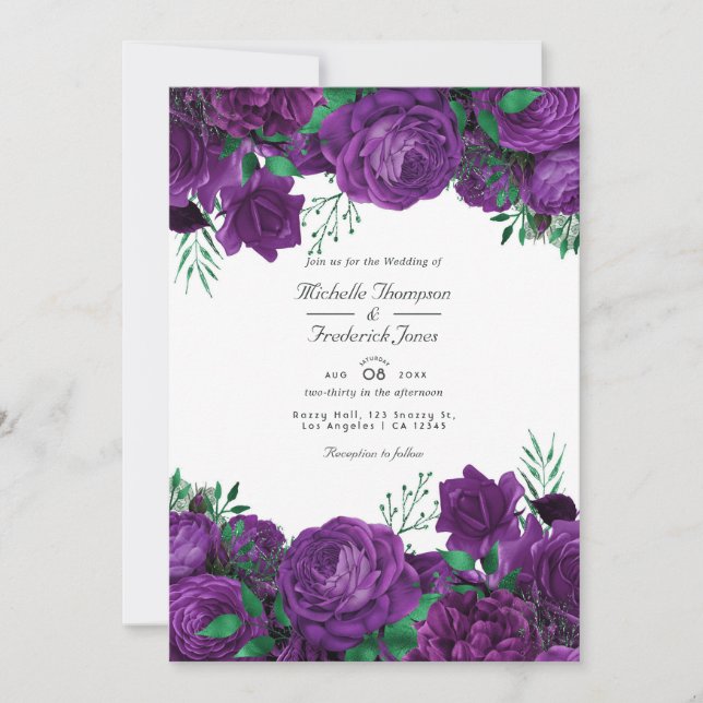 Convites Código QR de Casamento Floral Roxo e Verde Rsvp (Frente)