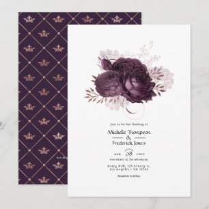 Convites Código QR de Casamento Floral Roxo Escuro e Dourad