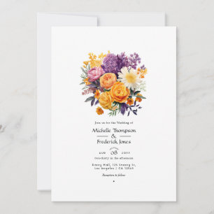 Convites Código QR de casamento floral roxo, laranja e amar