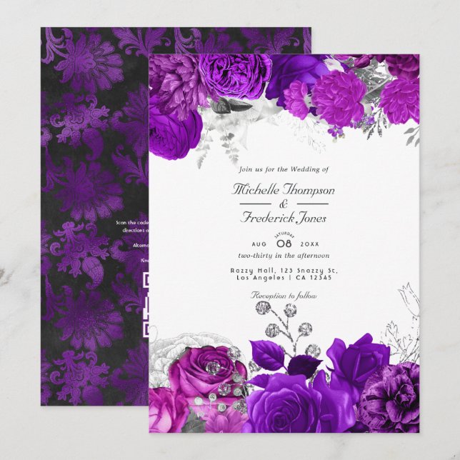 Convites Código QR de Casamento Floral Roxo Real e Prata Rs (Frente/Verso)