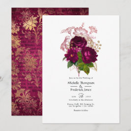 Convites Código QR de casamento floral shabby dourado burgu