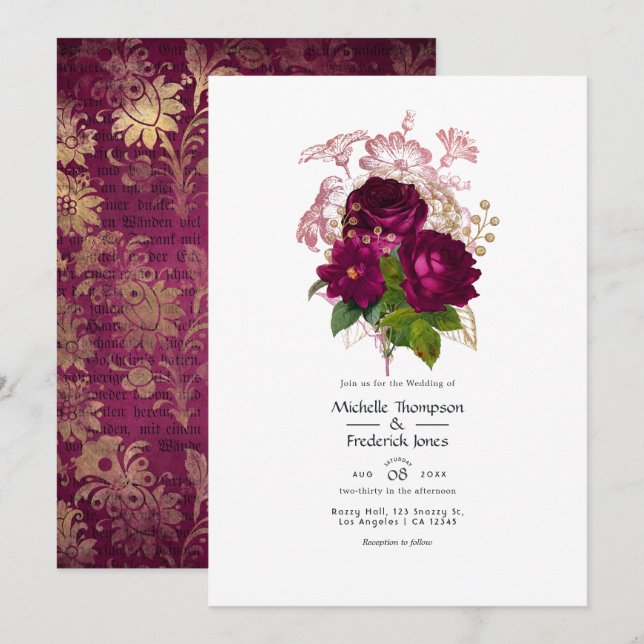 Convites Código QR de casamento floral shabby dourado burgu (Frente/Verso)