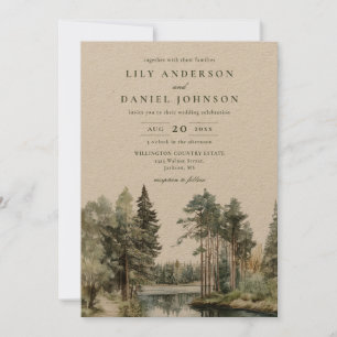 Convites Código QR de Casamento Floresta de Lago com Aquare