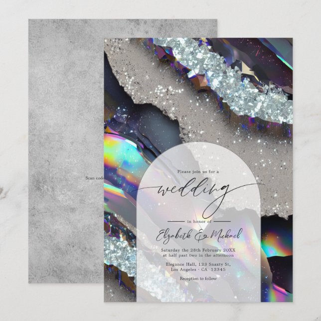 Convites Código QR de Casamento Glam Faux Holográfico Ágata (Frente/Verso)
