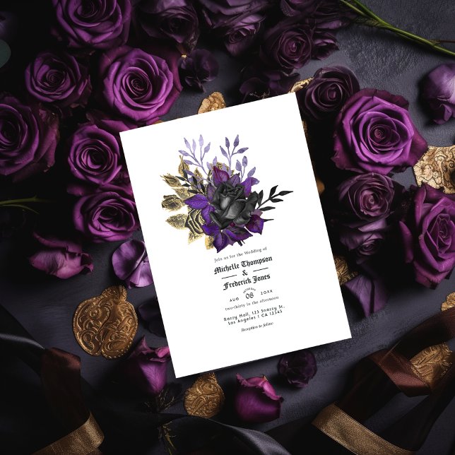 Convites Código QR de Casamento Gótico Dourado Roxo Preto (Criador carregado)