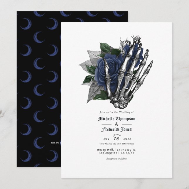 Convites Código QR de Casamento Gótico Floral Azul Marinho (Frente/Verso)
