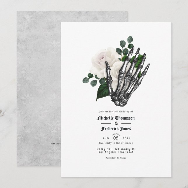 Convites Código QR de Casamento Gótico Floral Branco (Frente/Verso)