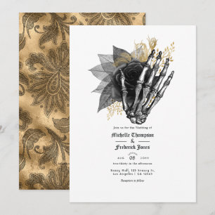Convites Código QR de Casamento Gótico Floral Preto e Doura