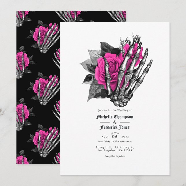Convites Código QR de Casamento Gótico Floral Rosa Quente (Frente/Verso)