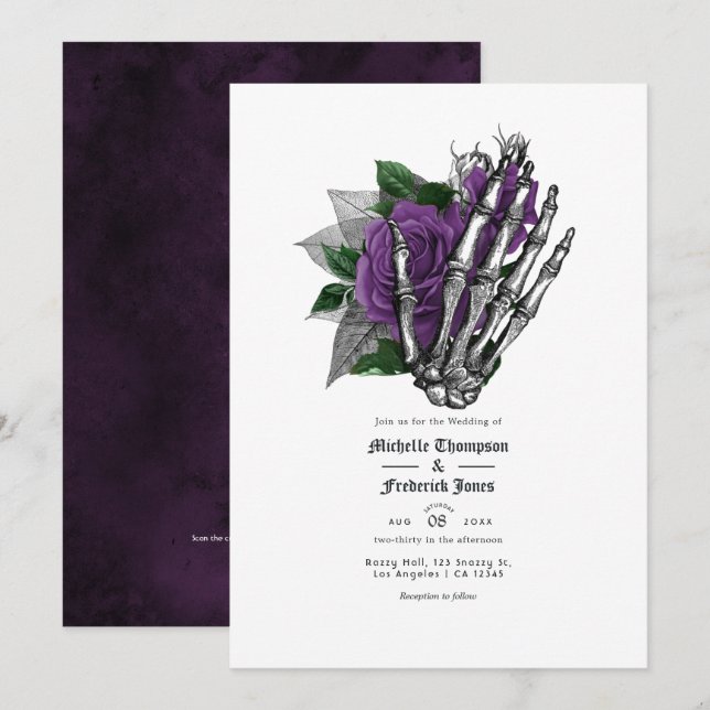 Convites Código QR de Casamento Gótico Floral Roxo (Frente/Verso)
