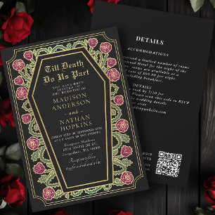Convites Código QR de Casamento Gótico Preto Dourado da Mor