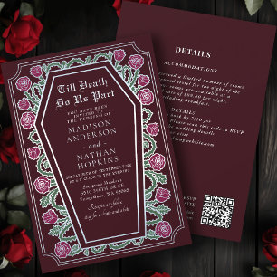 Convites Código QR de Casamento Gótico Vermelho Rosa