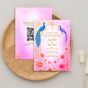 Convites Código QR de Casamento Hindu Indiano de Peacock Fl