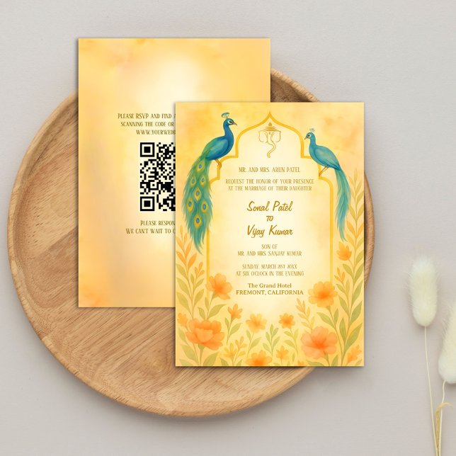 Convites Código QR de Casamento Hindu Indiano de Peacock Fl (Criador carregado)
