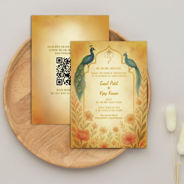 Convites Código QR de Casamento Hindu Indiano de Peacock Fl (Criador carregado)