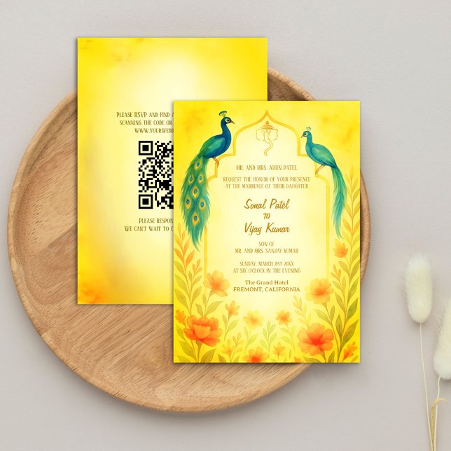 Convites Código QR de Casamento Hindu Indiano de Peacock Fl (Criador carregado)