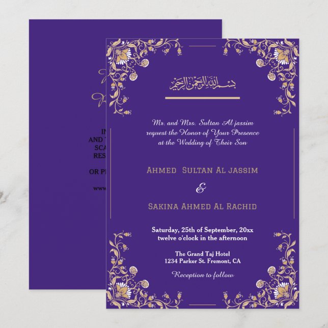 Convites Código QR de casamento islâmico muçulmano roxo ele (Frente/Verso)