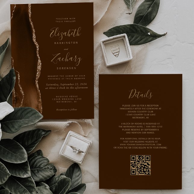 Convites Código QR de Casamento Marrom Ágata Dourado Mocha (Criador carregado)