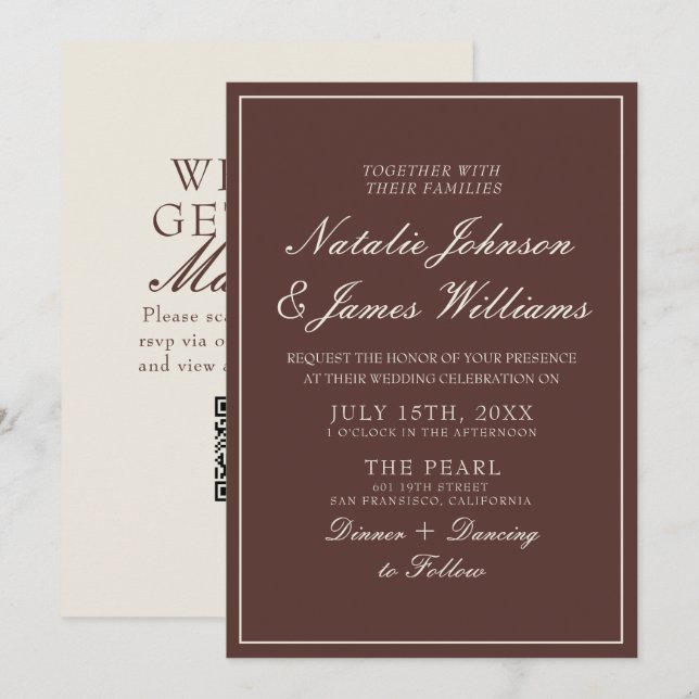 Convites Código QR de casamento marrom chocolate sofisticad (Frente/Verso)