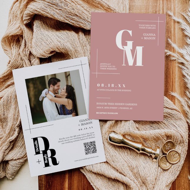 Convites Código QR de Casamento Mínimo Simples Rosa Rosa Mo (Criador carregado)