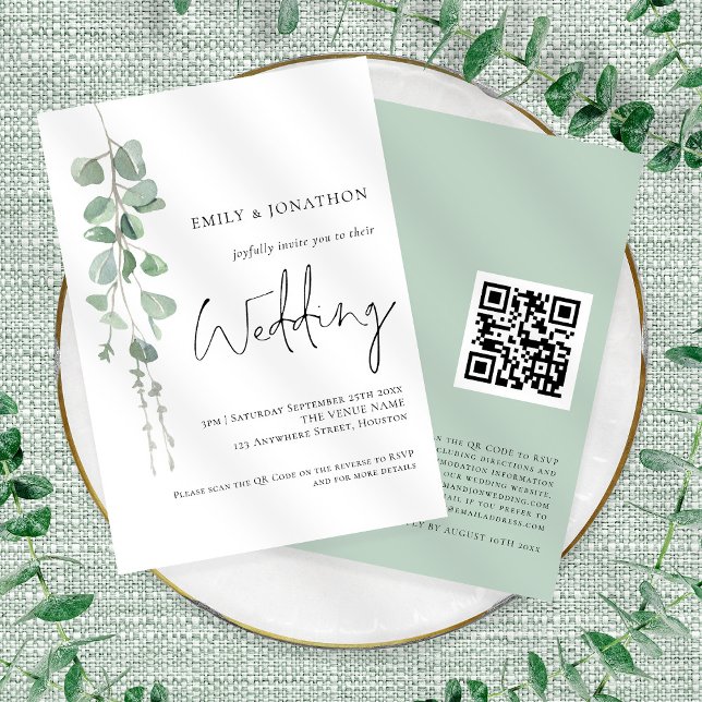 Convites Código QR de Casamento Moderno Eucalyptus Elegant  (Front and back view)