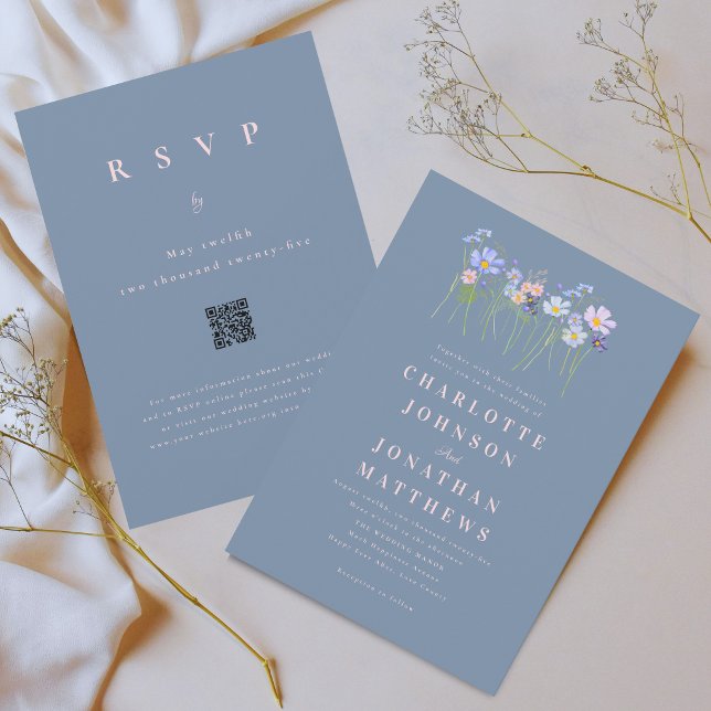 Convites Código QR de Casamento Moderno Rosa Azul Empoeirad (Elegant wildflower meadow dusty blue blush pink floral wedding qr code invitation)