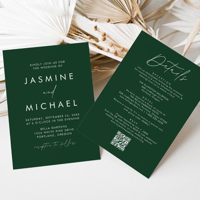 Convites Código QR de Casamento Moderno Script Verde Tudo E (Criador carregado)