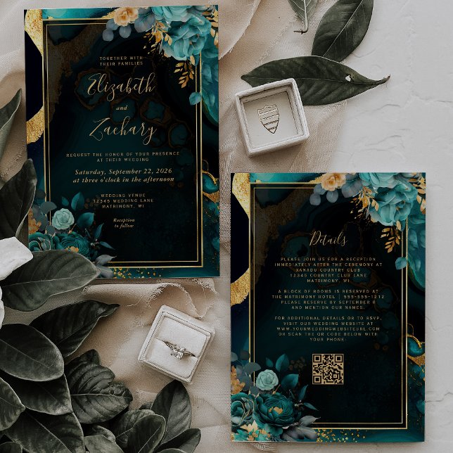 Convites Código QR de Casamento Moldura Dourada Ágata Azul  (Criador carregado)