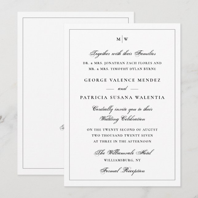 Convites Código QR de Casamento Monograma Branco Clássico (Frente/Verso)