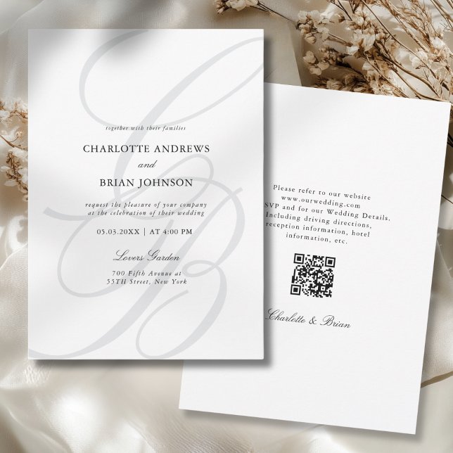 Convites Código QR de Casamento Monograma Fonte Minimalista (Minimalist Script Font Monogram QR Code Wedding Invitation)