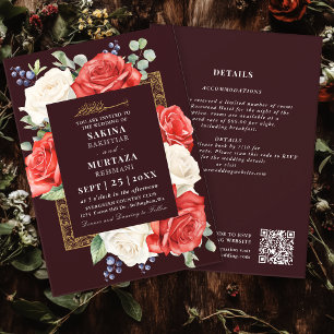 Convites Código QR de Casamento Muçulmano da Borgonha Flora