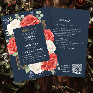 Convites Código QR de Casamento Muçulmano Floral Azul Elega