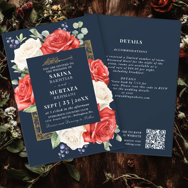Convites Código QR de Casamento Muçulmano Floral Azul Elega (Criador carregado)