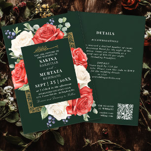 Convites Código QR de Casamento Muçulmano Verde Floral Eleg