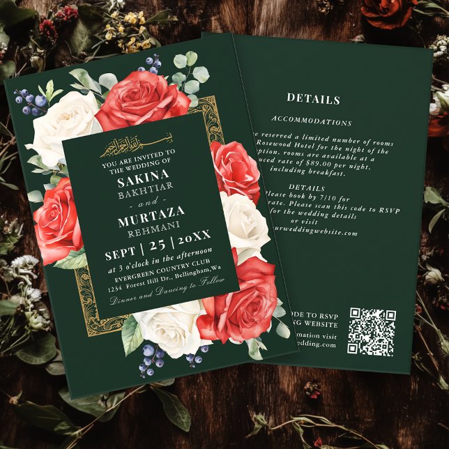 Convites Código QR de Casamento Muçulmano Verde Floral Eleg (Criador carregado)