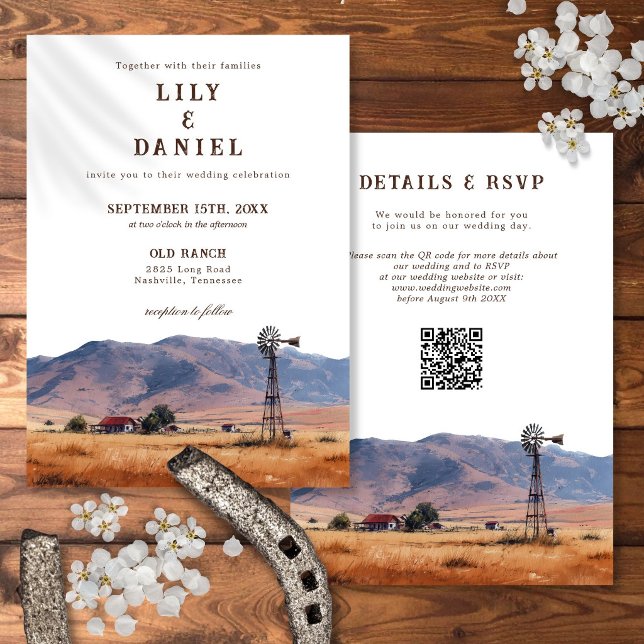 Convites Código QR de Casamento no Rancho Montanhoso Ociden (Watercolor Western Mountain Ranch QR Code Wedding Invitation)