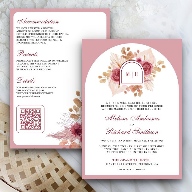 Convites Código QR de Casamento Pampas Floral Rosa Granada (Criador carregado)