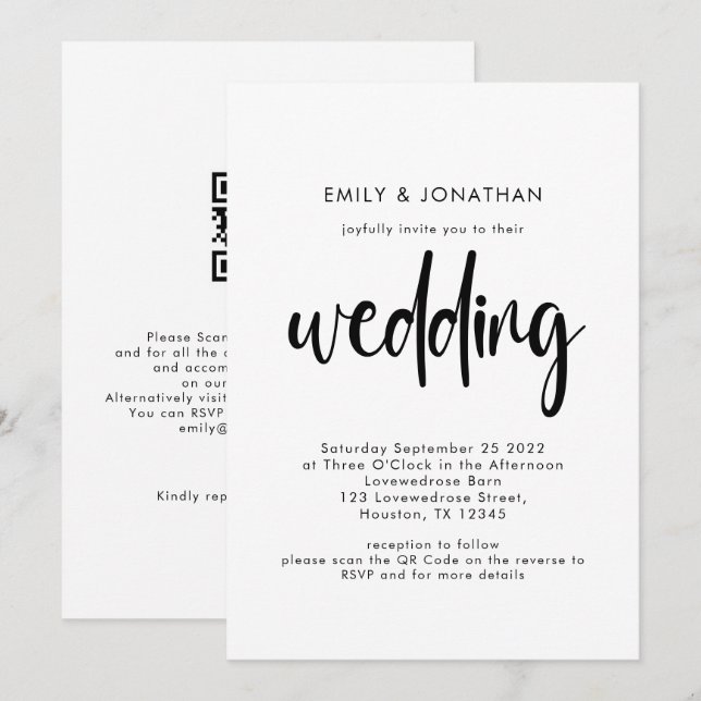 Convites Código QR de Casamento Preto Branco Script Simples (Frente/Verso)