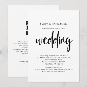 Convites Código QR de Casamento Preto Branco Script Simples